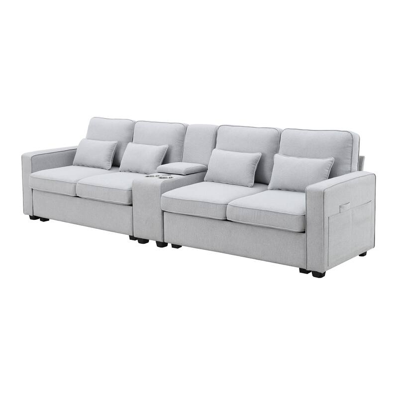 114.2" Linen Fabric Upholstered Sofa with 2 USB Ports and 2 Cupholders - Light Gray