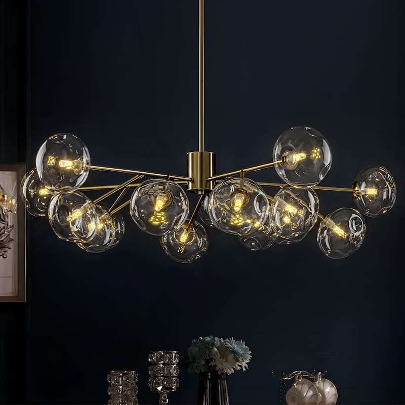 15-Light Concave Glass Globe Chandelier - Modern Brass Molecular Ceiling Light for Living Room - 15 Light