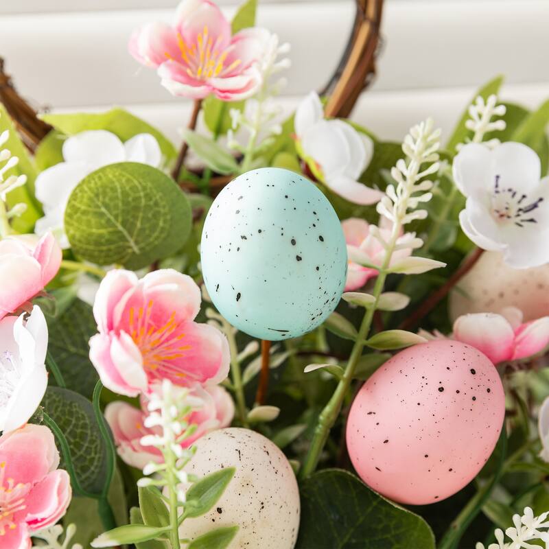 Glitzhome Easter Bunny Shaped Wreath with Eggs Satin Ribbon Bow Basket