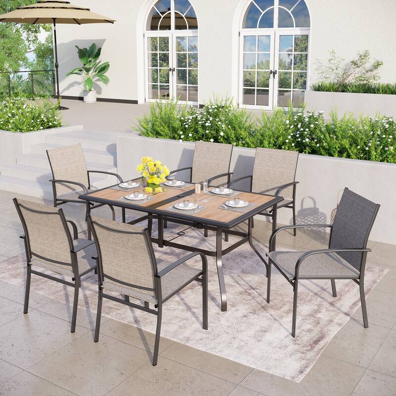 MAISON ARTS 7-Piece Patio Dining Set Wood-look Rectangle Table and 6 Textilene Chairs - Brown Chairs
