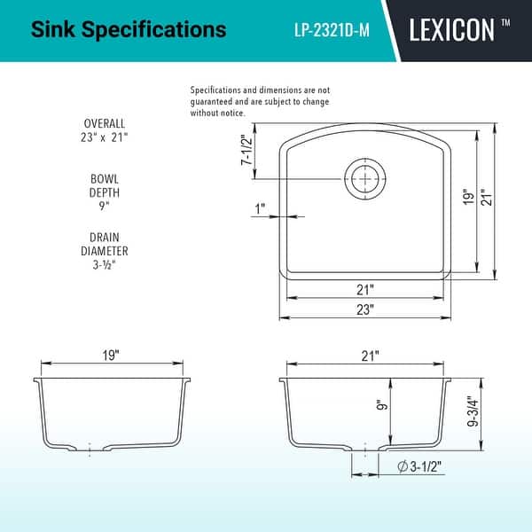 dimension image slide 5 of 6, Lexicon Platinum 2321D Quartz Composite Single Bowl Kitchen Sink