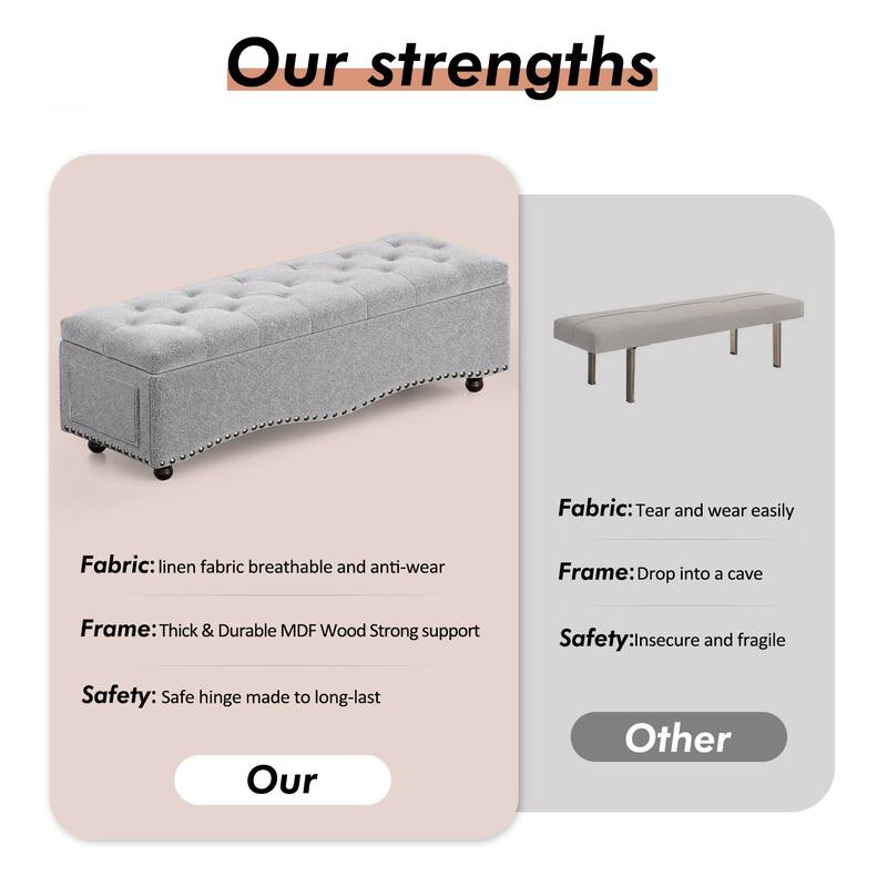 48.5" Tufted Storage Ottoman Bench with Nailhead Trims & 2 Large Side Pockets for Bedroom, Living Room, Entryway