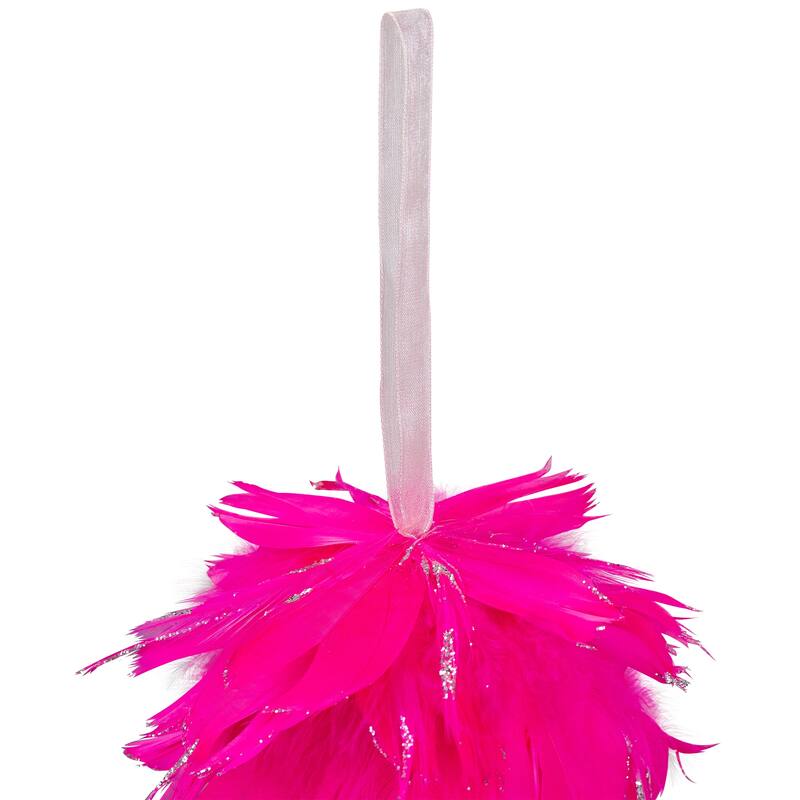 Glittered and Feathered Ball Christmas Ornament - 4" - Hot Pink