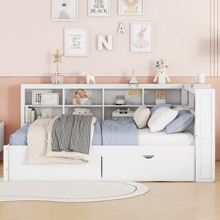 USB Ports on L-Shape Storage Headboard Bed Frame, Wooden DayBed Sofa Bed, Wooden Slat Platform Bed with 2 Drawers