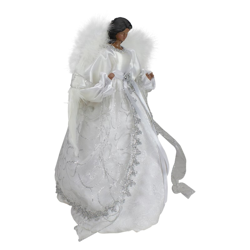 14" African American Silver and White Angel Christmas Tree Topper Unlit - 14