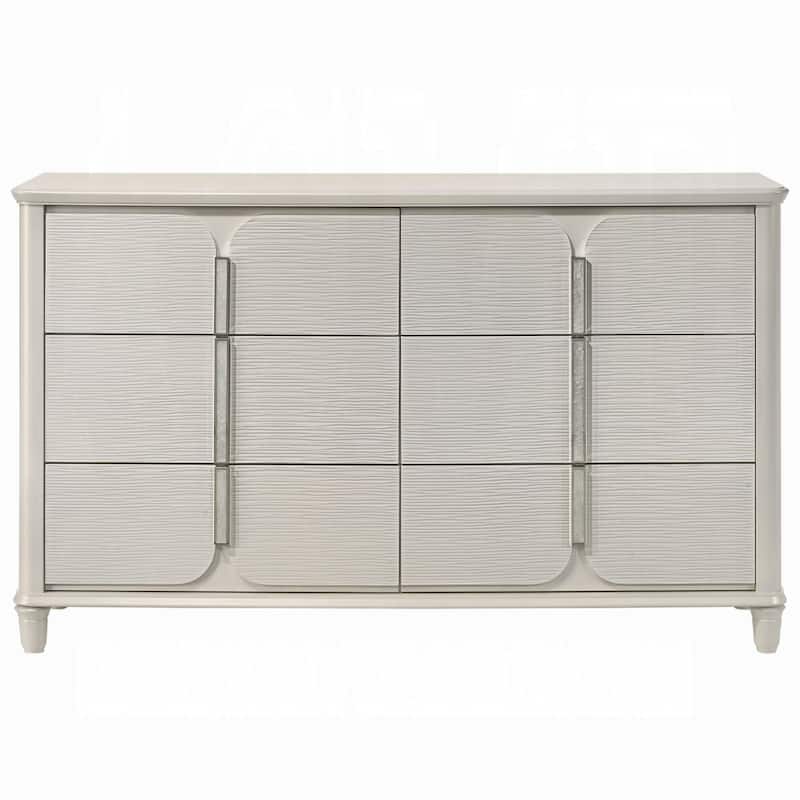 Veda Wide Dresser, Luxurious Pearl White Wood Finish, 6 Modern Drawers