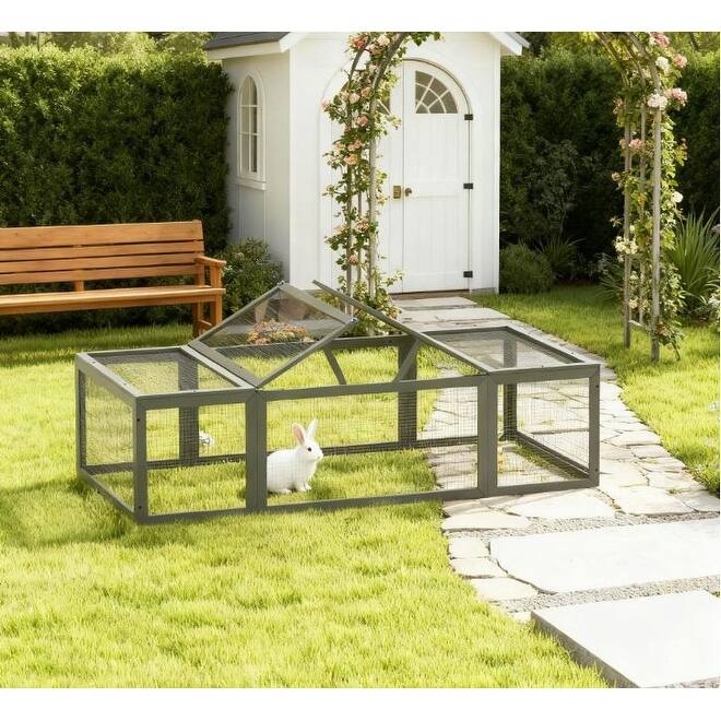 Large Wooden Rabbit Hutch Habitat Enclosure Outdoor Run and Lockable Doors , Gray