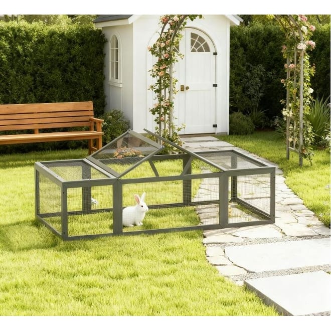 Large Wooden Rabbit Hutch Habitat Enclosure Outdoor Run and Lockable Doors , Gray