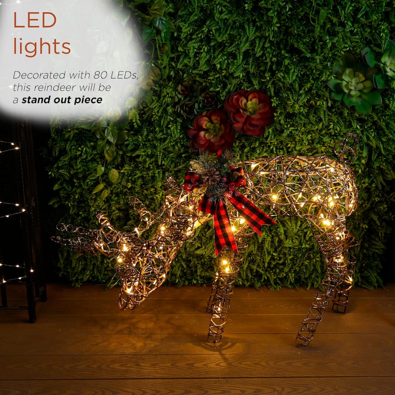 Rattan Grazing Reindeer with Bow and LED Lights Decor - Natural