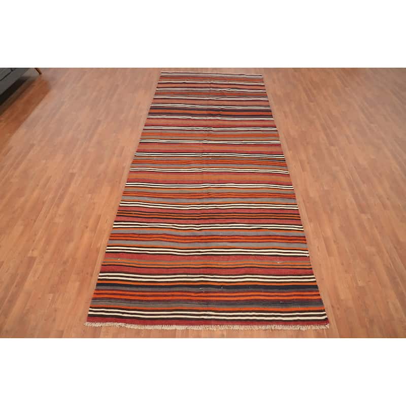 Hand Woven Oriental 100% Wool Carpet Southwestern Geometric Oranges & Rust Kilim Area Rug - 12' 8'' X 5' 3''