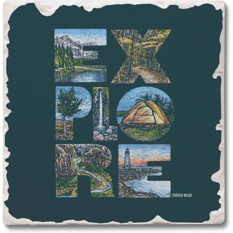 Explore 4 Pack Tumbled Tile Stone Coaster with Protective Cork Backing Manufactured in The USA 4" Square - Multi-Color