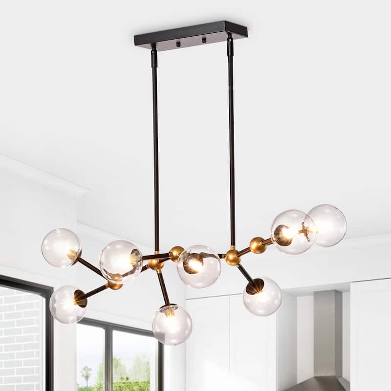 Enzo Matte Black+Gold 8-Light Metal Abstract Chandelier w/ Clear Glass Globe Shades