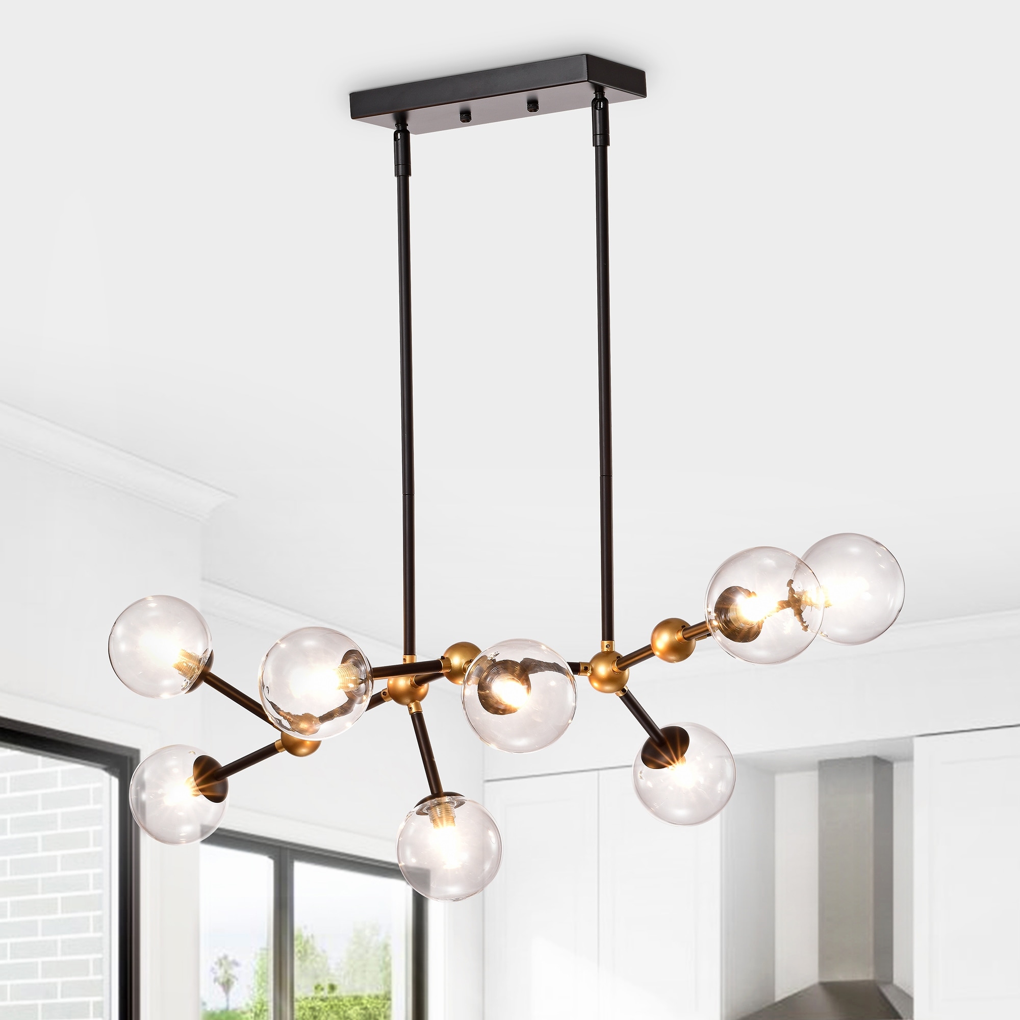 Enzo Matte Black+Gold 8-Light Metal Abstract Chandelier w/ Clear Glass Globe Shades