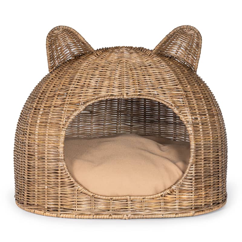 Cat Ear 20" x 14.5" Coastal Handwoven Rattan Cat Bed with Machine-Washable Cushion, Natural