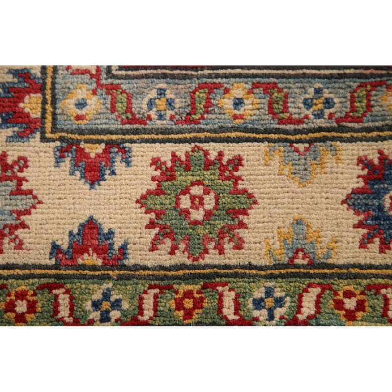 Red Geometric Kazak Oriental Accent Rug Handmade Wool Carpet - 3'6"x 4'9"