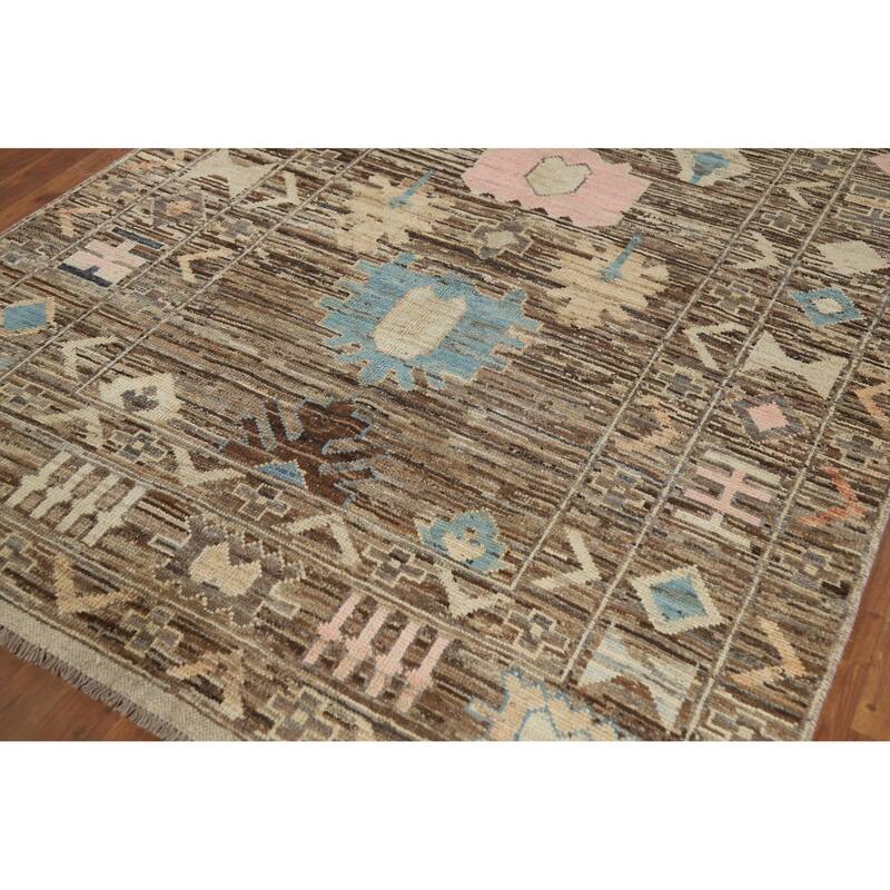 Vegetable Dye Oushak Turkish Rug Handmade Brown Floral Wool Carpet - 5'8" x 7'10"