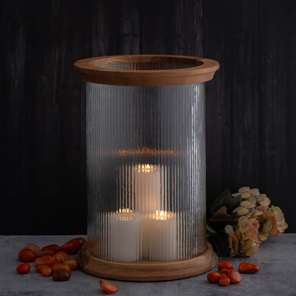 Fluted Glass Candle Lantern with Acacia Wood Base - 15"