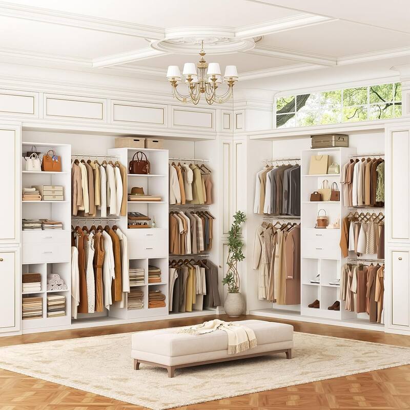 66''-100'' Walk-in Closet Organizer with 5 Hanging Rods and 2 Wooden Drawers，4-8FT Sturdy Closet System with Storage Shelves