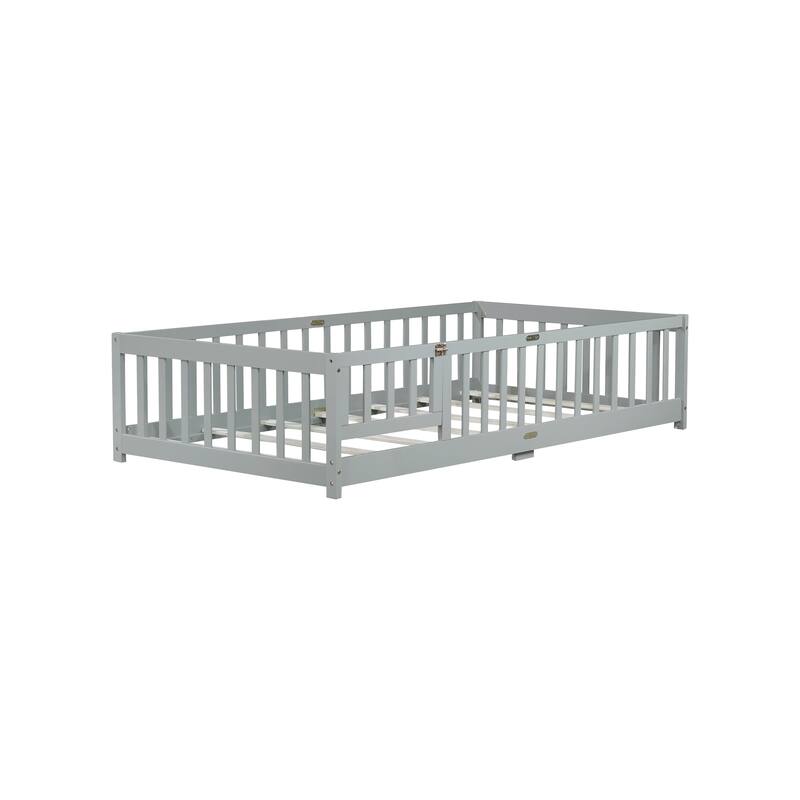 Twin Size Floor Bed with Fence and Door, Rubber Wood Floor Bed with Safety Guardrails