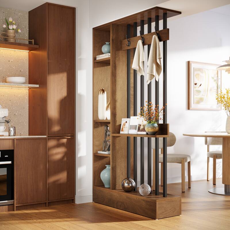 71" Wall Room Divider with Shelves & Coat Hooks