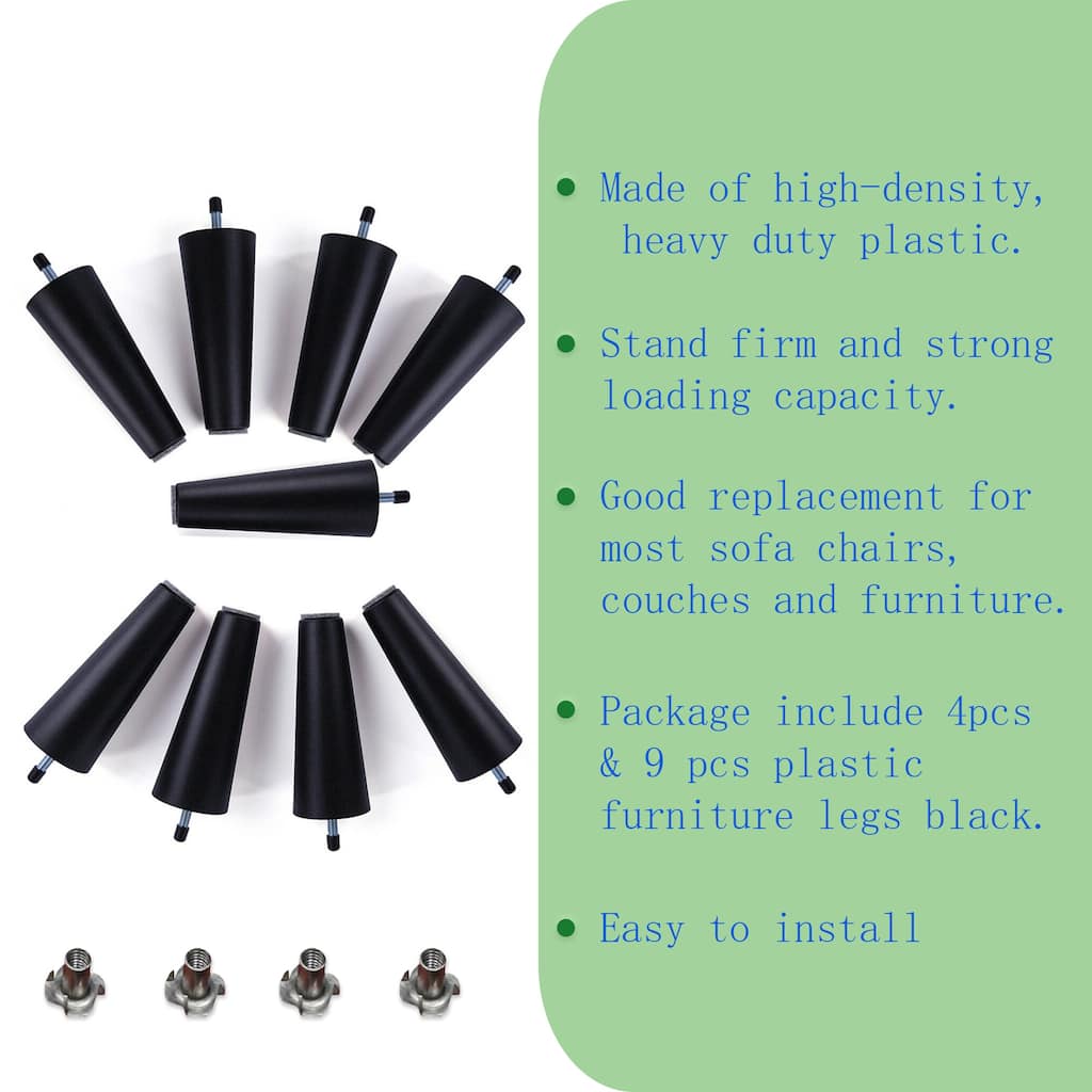 Round Solid Plastic Furniture Legs 5 inch high for Bed, Sofa, Couch, Chair Ottoman, Loveseat, Coffe, Table, Cabinet