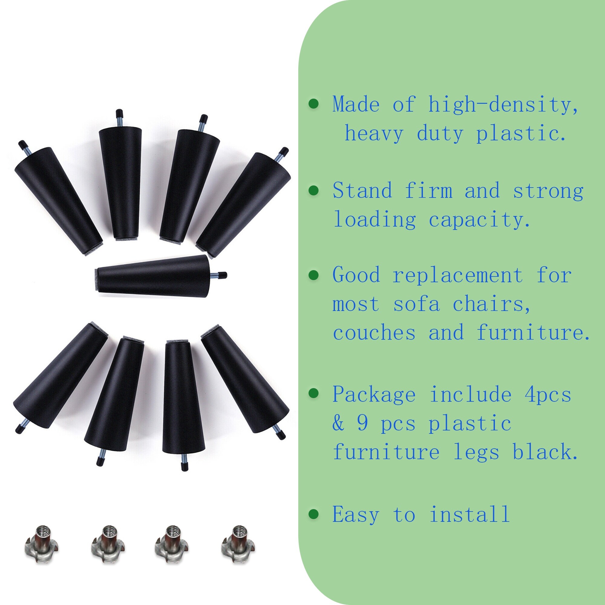 Round Solid Plastic Furniture Legs 5 inch high for Bed, Sofa, Couch, Chair Ottoman, Loveseat, Coffe, Table, Cabinet