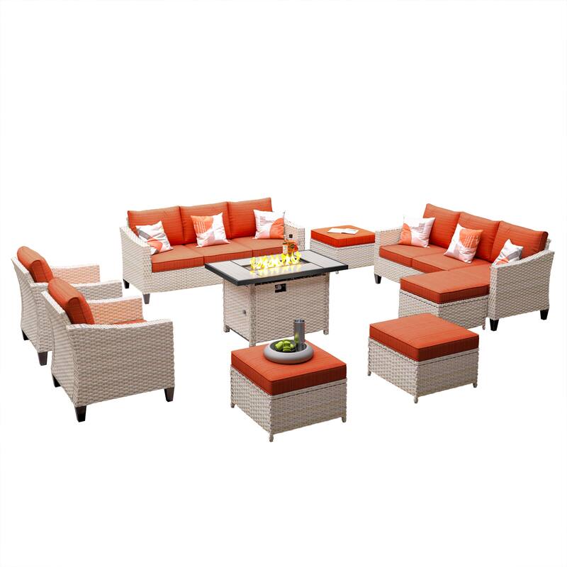 HOOOWOOO 9-piece Wicker Outdoor Patio Seating Set with Fire Pit Table