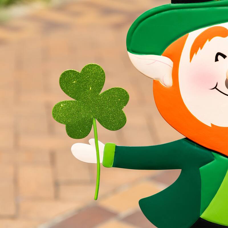 Glitzhome 36"H St. Patrick's Metal Leprechaun Decor(Three Function)