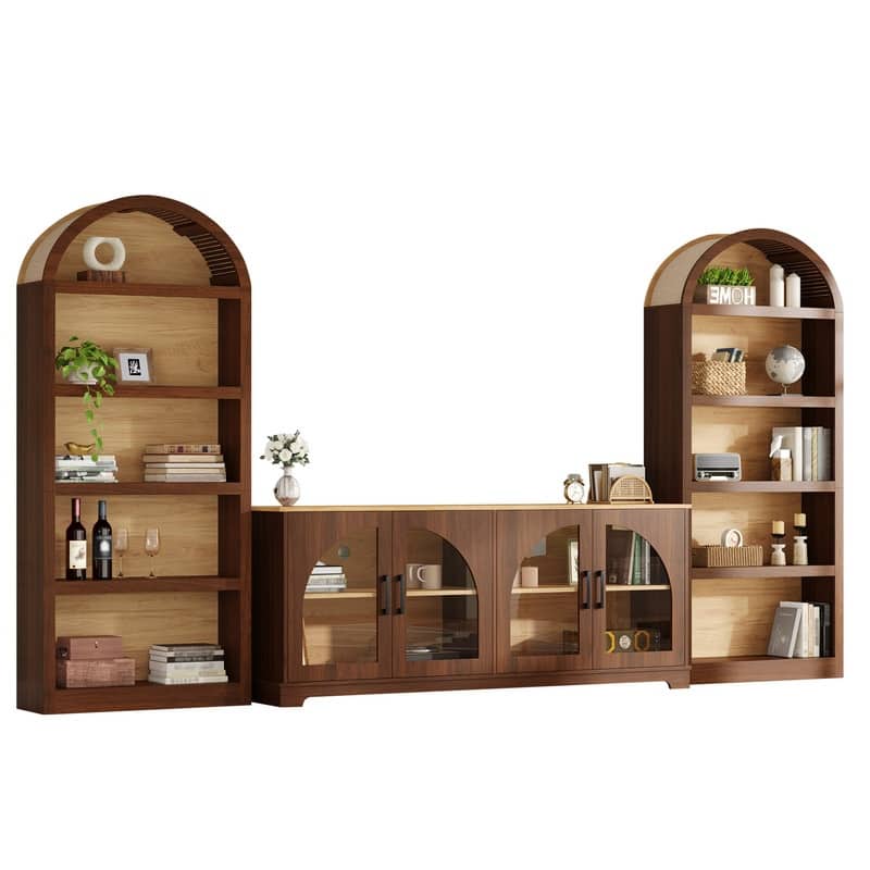 Farmhouse 3-Piece TV Stand Set for TVs Up to 70", Entertainment Center with Arched Sideboard and Glass Doors for Living Room