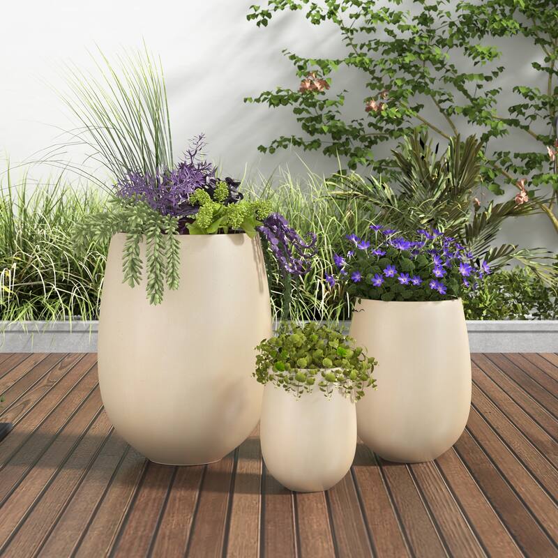 Lightweight Round MGO Outdoor Planter Set-3 Sizes (15.6"/10.74"/7.3"),Large Outdoor Indoor Flower Pots with Drainage Hole - Beige
