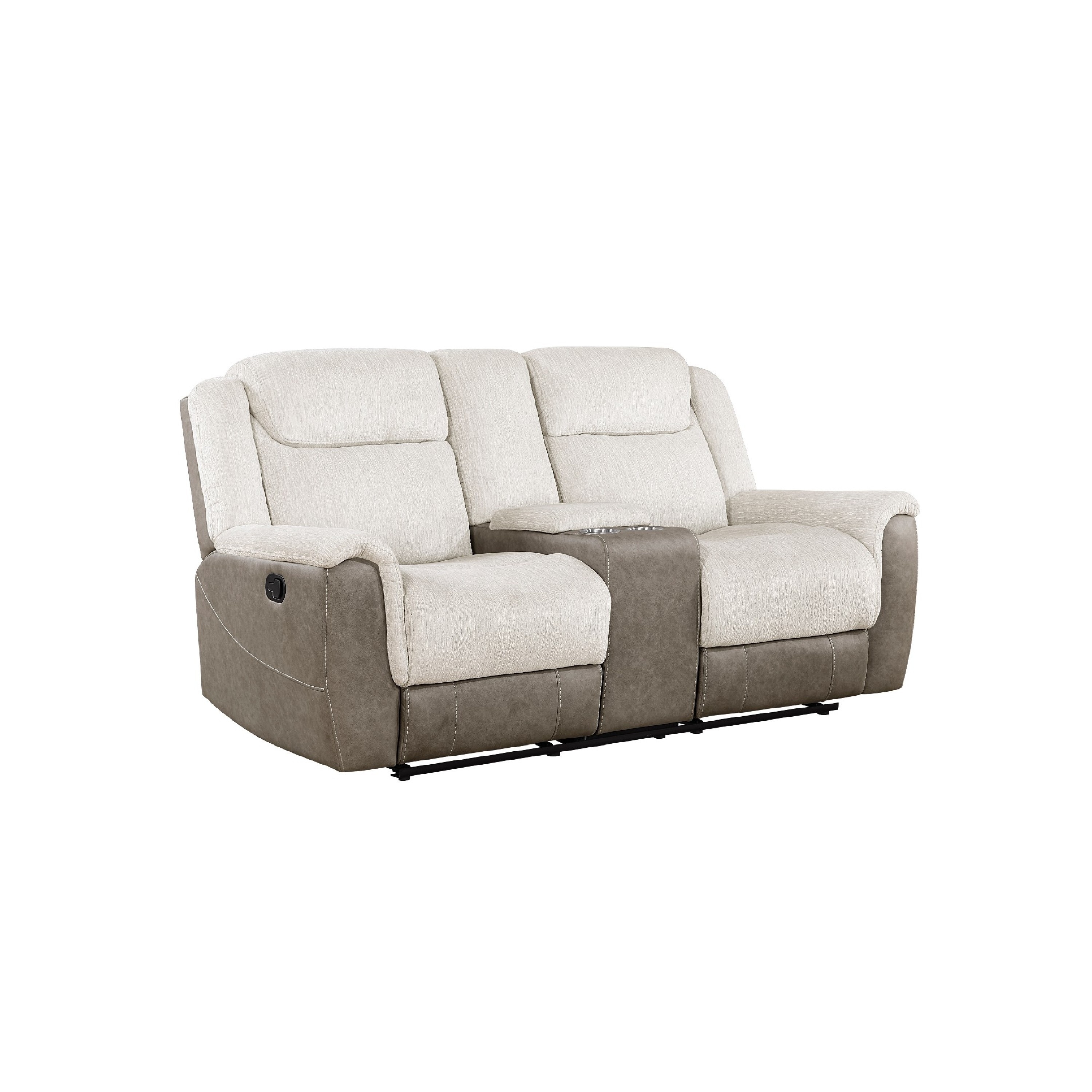 Benjara Feo Double Manual Reclining Loveseat with Console, Beige and Gray Chenille