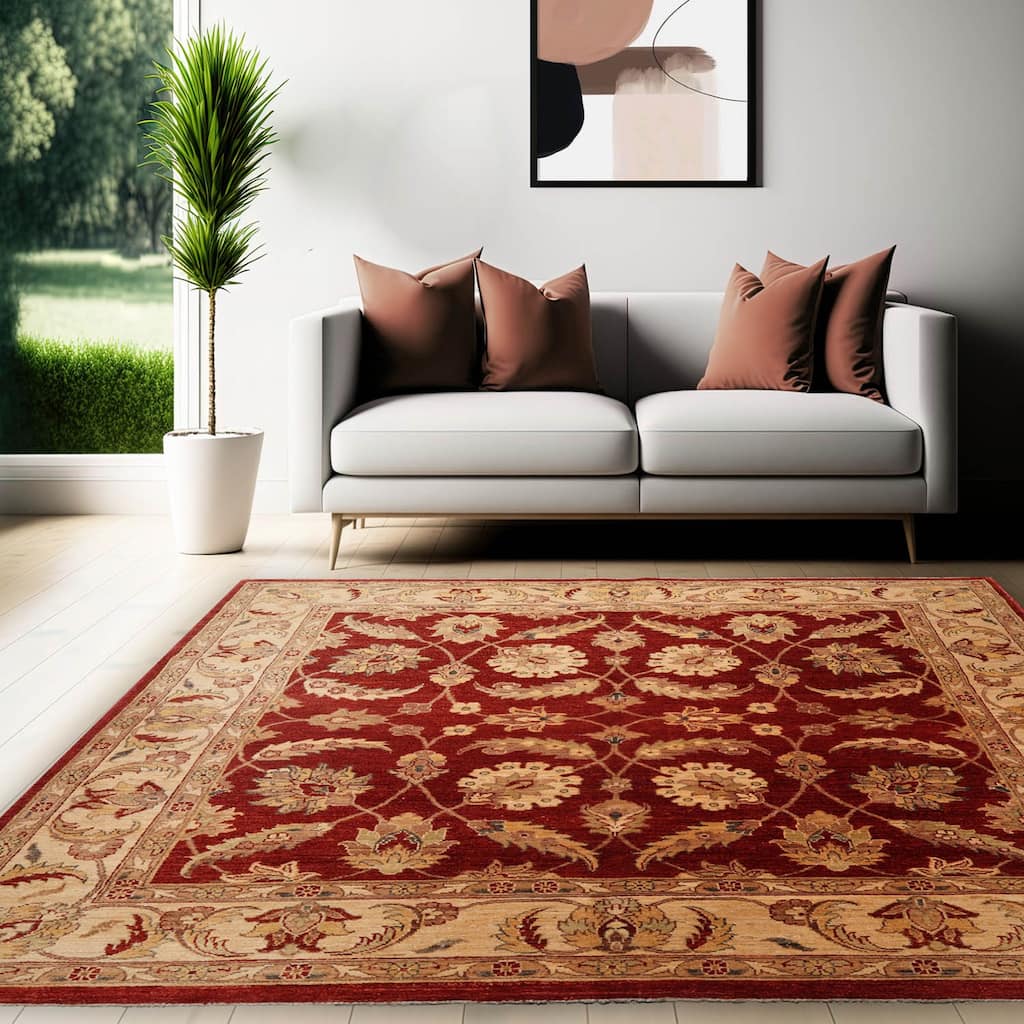 6x9 Rust and Beige Radiance 100% Wool Hand-Knotted Chobi Peshawarr Area Rug - 7' x 7' 7''