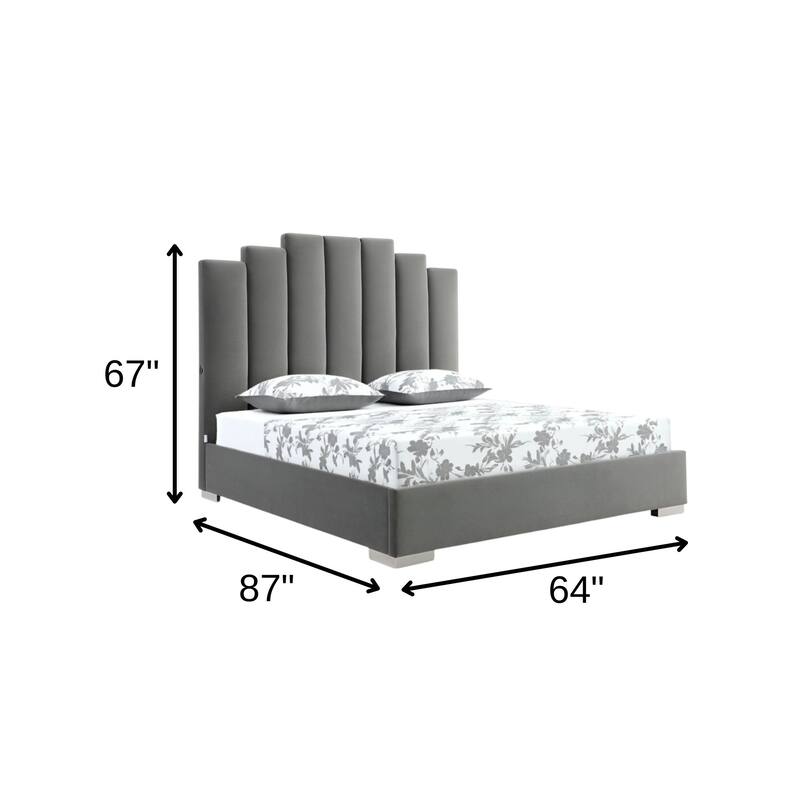HomeRoots Queen Grey Upholstered Vertical Channel Velvet Bed with USB.