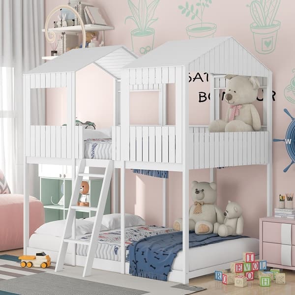 slide 2 of 12, Full Over Full Wooden Bunk Bed House Kids Bed with Roof,Window,Guardrail,Ladder,Playhouse Inspired White