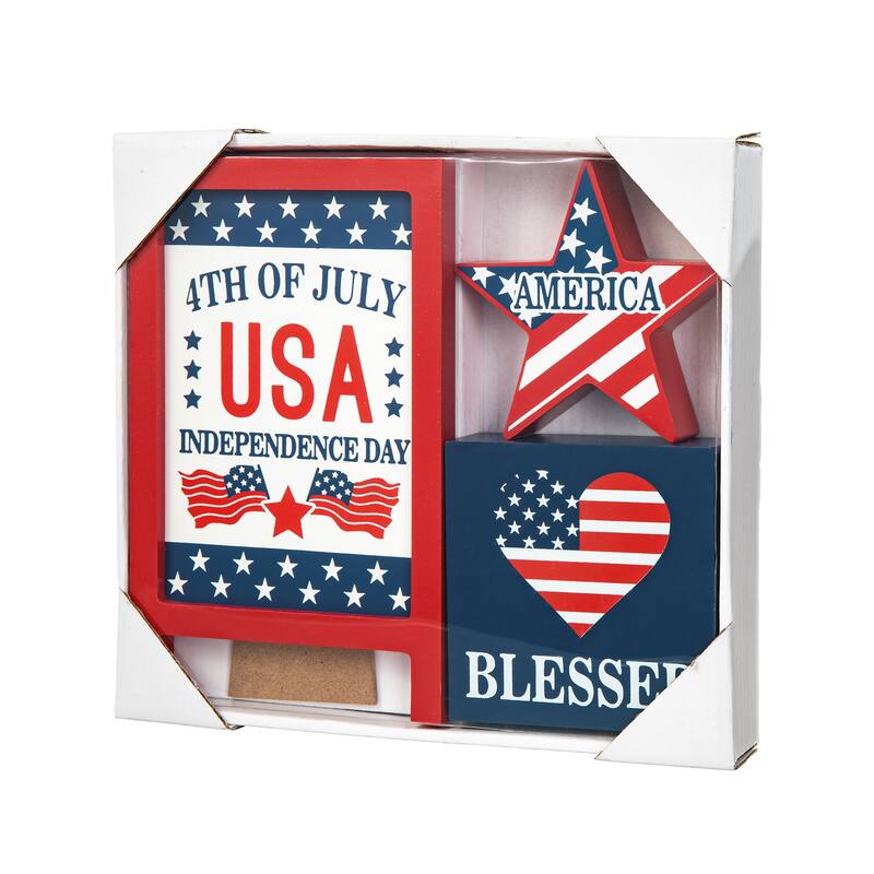 Glitzhome Set of 3 Patriotic Americana Wooden Block Table Sign