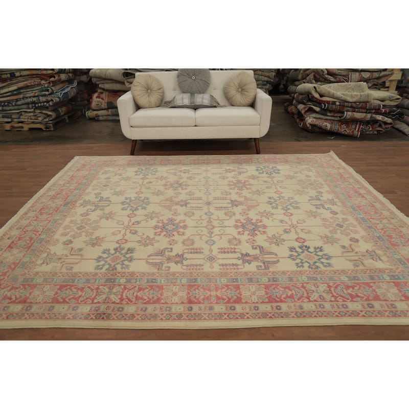 Hand Knotted Oriental 100% Wool Carpet Traditional Geometric Beige & Ivories Kazak Area Rug - 9' 6'' X 8' 3''