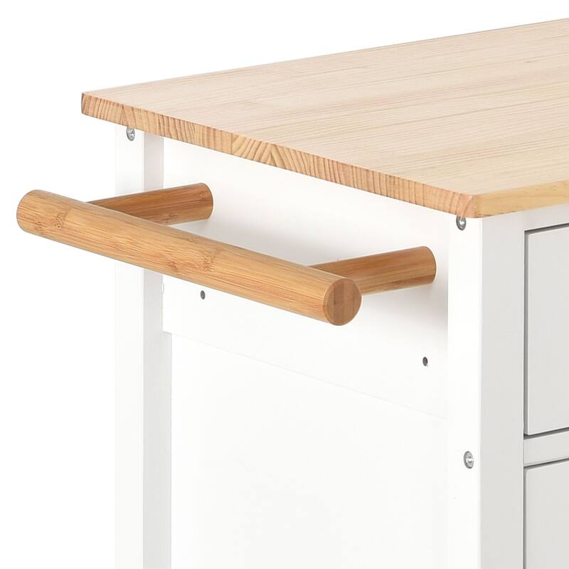 Kitchen Island Cart with Solid Wood Top, 4 Door Cabinet, 2 Drawers, Spice & Towel Rack, Locking Wheels, 54.3" - White