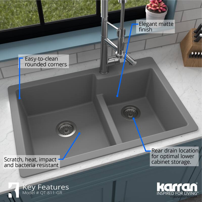 Karran 33" Top Mount Large/Small Bowl Quartz Kitchen Sink Kit - 33" x 22" x 9"