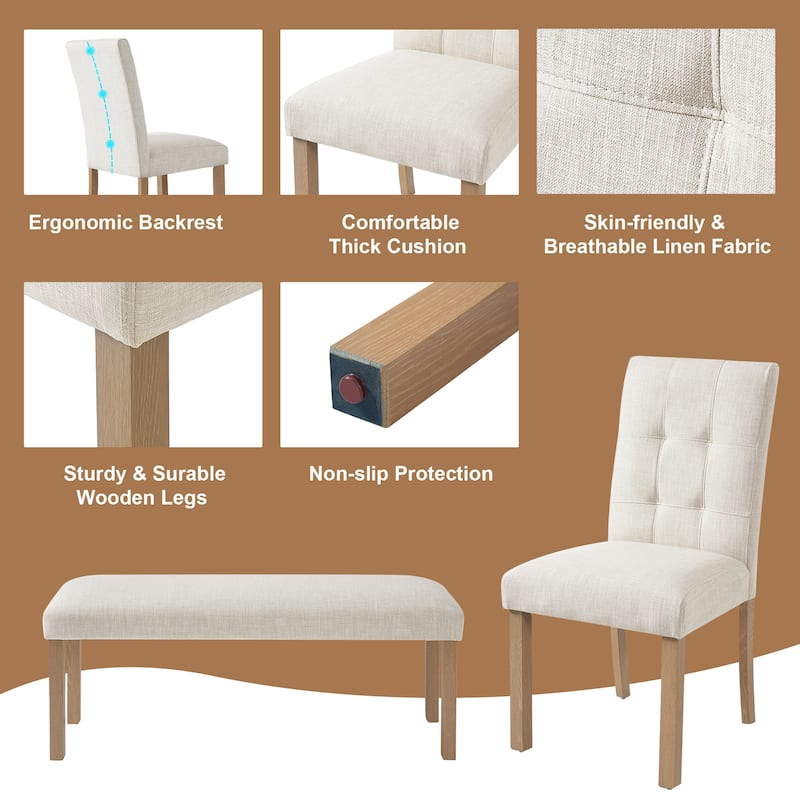 6 Piece Solid Wood Dining Table Set with Rectangle Dining Table, 4 Upholstered Chairs and 1 Bench for Dining Room