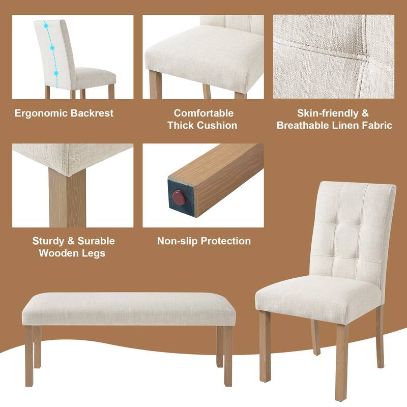Modern 6-Piece Dining Set, Rectangle Table with 4 Upholstered Chairs and Bench for Dining Room Enjoyment