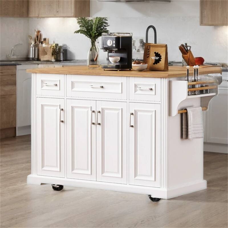 54" Wood Rolling Kitchen Island with Drop Leaf,4 Doors and 3 Drawers