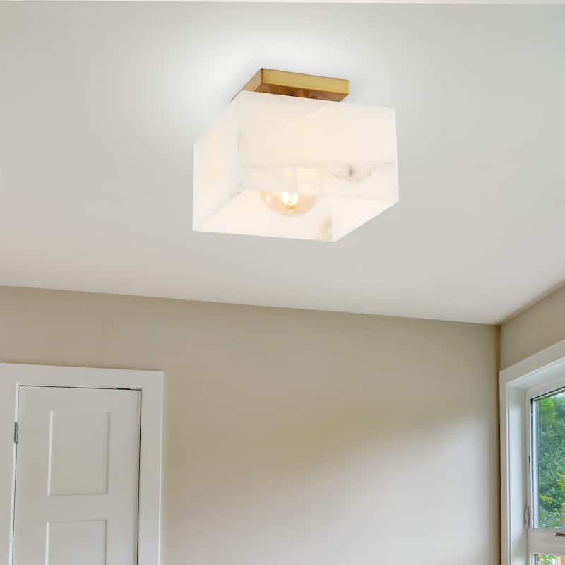 Tessa 8" 1-Light Modern Contemporary Alabaster/Iron Square LED Semi Flush Mount, White Marbling/Brass Gold by JONATHAN Y