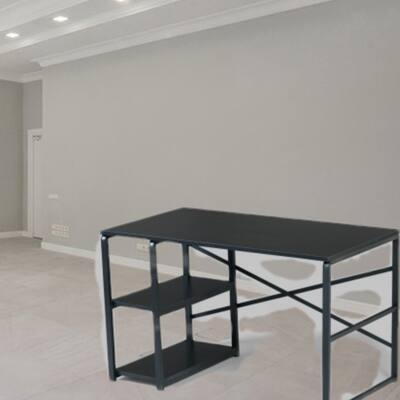 Metal Frame 47" Writing Desk with Solid Wood Top and 2 Shelves for Home Office or Study Workstation