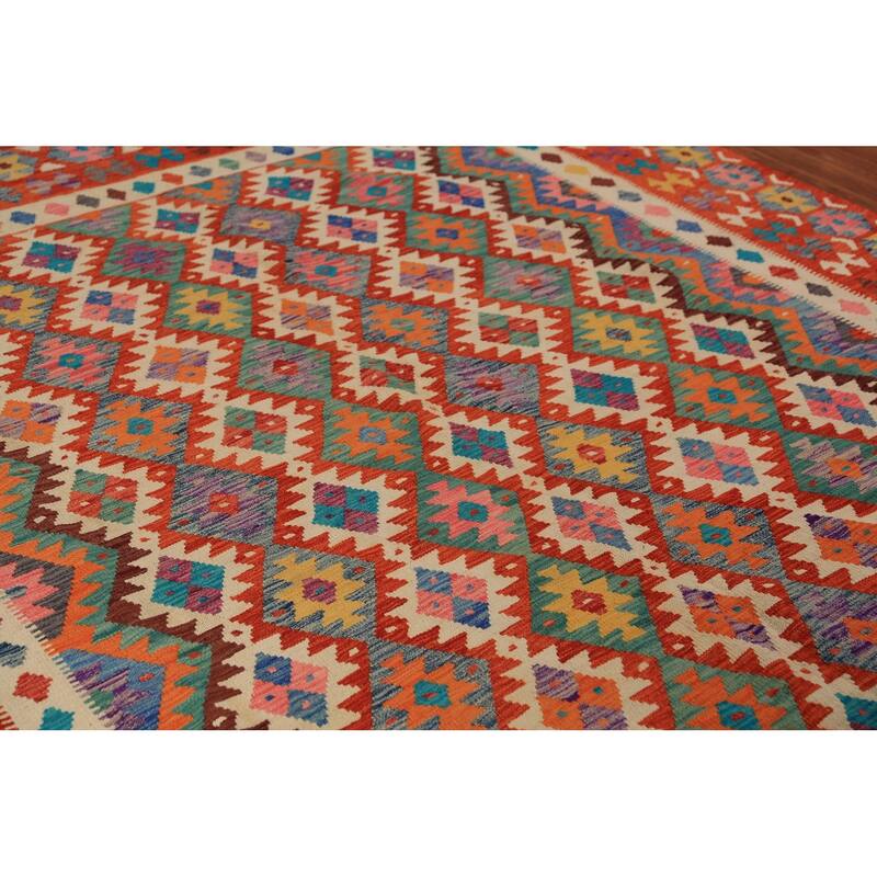 Reversible Kilim Oriental Area Rug Hand-Woven Orange Wool Carpet - 8'2" x 9'9"