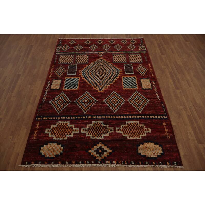 Hand Knotted Oriental 100% Wool Carpet Modern Tribal Red Moroccan Area Rug - 9' 7'' X 6' 7''