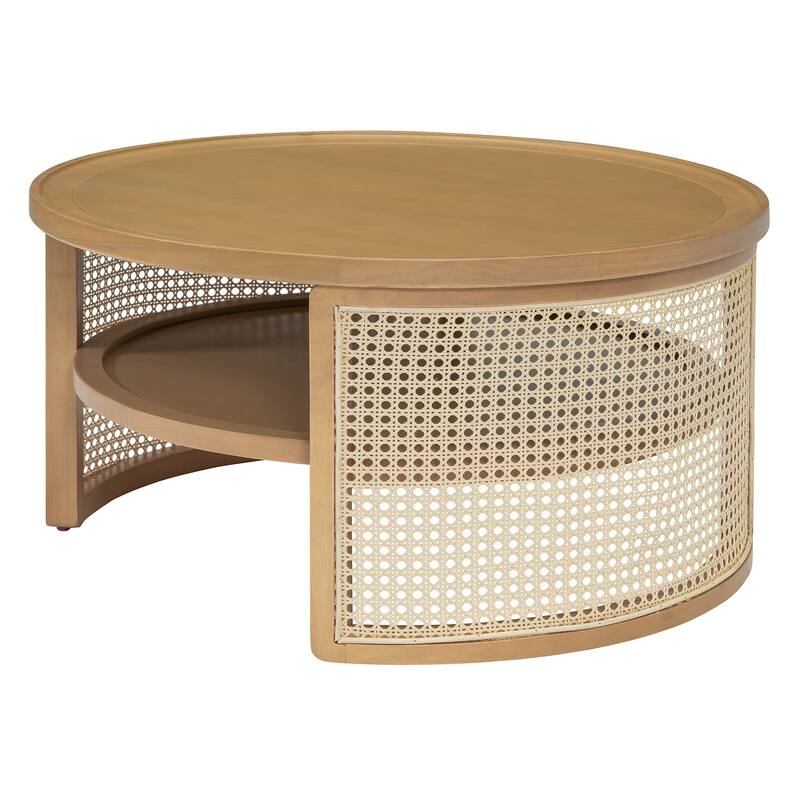 2-Tiered Round Coffee Table with Curved-Edge Top & Rattan Base, Boho Wood Center Table with Storage Shelf for Living Room