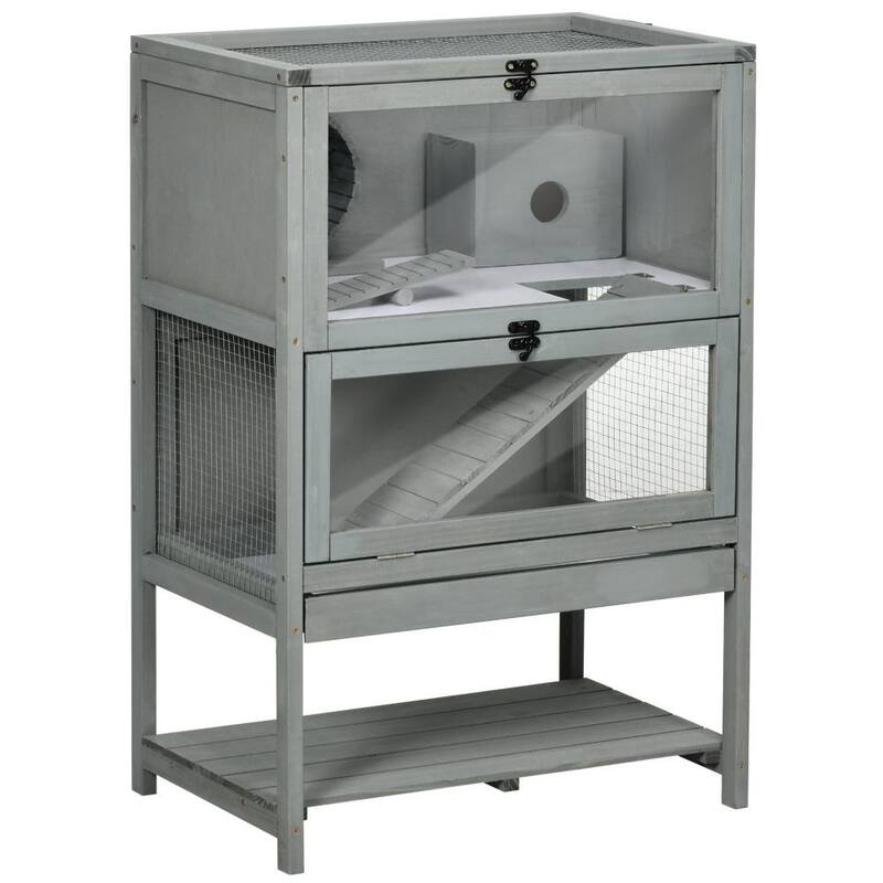 Grey Hamster Cage with Plexiglass Window and Running Wheel Ladder Ramp and Toys - 23.5" L x 15.75" W x 35.5" H
