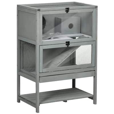 Grey Hamster Cage with Plexiglass Window and Running Wheel Ladder Ramp and Toys - 23.5" L x 15.75" W x 35.5" H