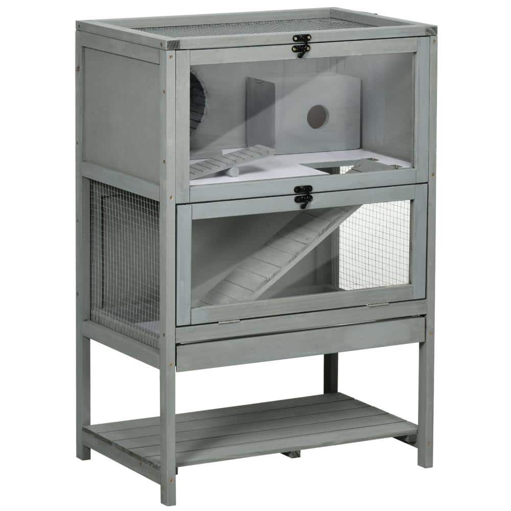 Grey Hamster Cage with Plexiglass Window and Running Wheel Ladder Ramp and Toys - 23.5" L x 15.75" W x 35.5" H