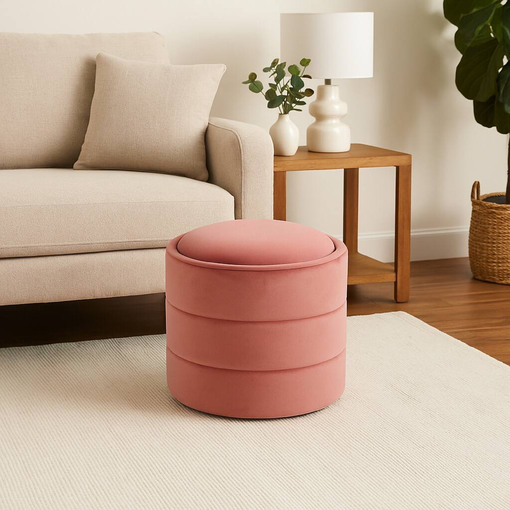 Pero Storage Ottoman, 18 Inch Round Removable Lid, Blush Pink Velvet